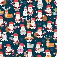 Christmas seamless pattern with santa claus, reindeer, bear and gifts