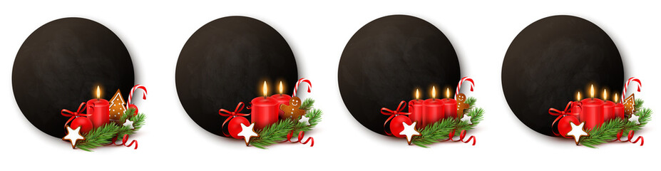 Advent Button Set - Kreidetafel mit Kerzen und Weihnachtsschmuck  - obrazy, fototapety, plakaty