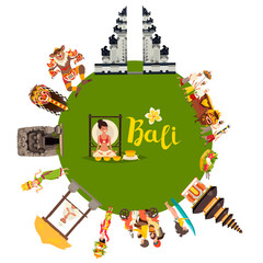 Bali abstract world vector. Illustrated poster with Bali landmark. Cartoon gazebo, Temple, motorcycle and balinese dancer