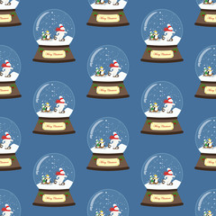 Christmas snow globe with bear and penguins seamless pattern