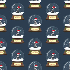 Christmas snow globe with cat seamless pattern