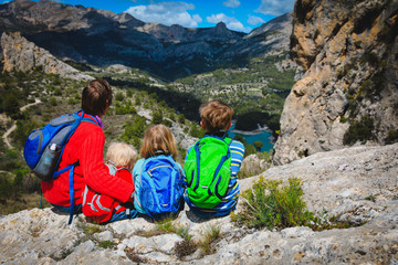 father with kids travel hiking in mountains,Guadalest, Alicante, Spain