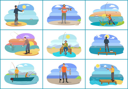Fishing People Images Set Vector Illustration