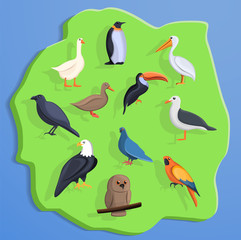 Bird land concept background. Cartoon illustration of bird land vector concept background for web design