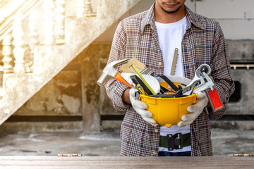 Equipment of carpenter in helmet