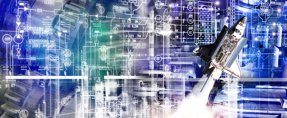 industrial construction technologies by generation space rocket.elements of this image furnished by NASA