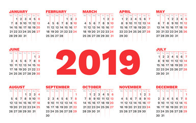 Calendar 2019 vector template on a white background. Week starts on Monday.