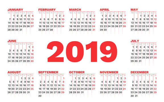 Calendar 2019 vector template on a white background. Week starts on Monday.