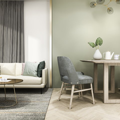 3d rendering luxury and modern living room with sofa and dining table