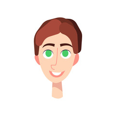 Young man with big green eyes, brown hair and a mustache.