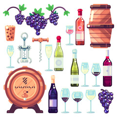 Wine making vector icons and design elements. Red and white wine bottles, drinking glass, vine grapes illustration