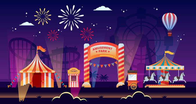 Night amusement park vector illustration. Carousels, circus, fair in park. Carnival, festival and entertainment themes
