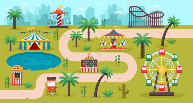 Amusement park map concept. Fun carousels, circus, ferris wheel, fair in family park, vector illustration.