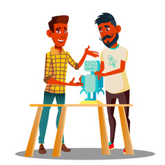 Two Smart Students Constructing A Robot In Classroom Vector. Isolated Illustration