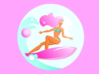 Surfer girl with a pink hair and a pink surfboard rides on a wave. Vector illustration