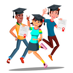 Group Of Happy Students In Graduation Caps Jumping Together Vector. Isolated Illustration