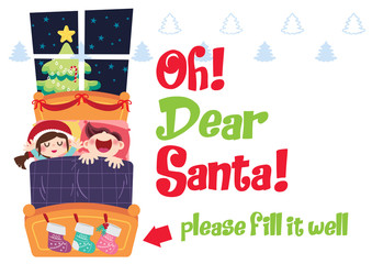 children in the bed waiting for christmas illustration background vector