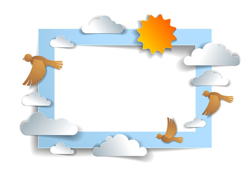 Birds flock flying among beautiful clouds and sun in the sky, background or frame with copy space for text, summer ease and peaceful feeling, vector illustration in paper cut kids style.