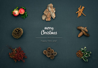 Merry Christmas and happy new year greetings in vertical top view dark blackboard with pomegranate,cinnamon,pine cones,natural concept.Xmas winter holiday season social media card background 