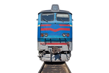 Locomotive on rails isolated on white background