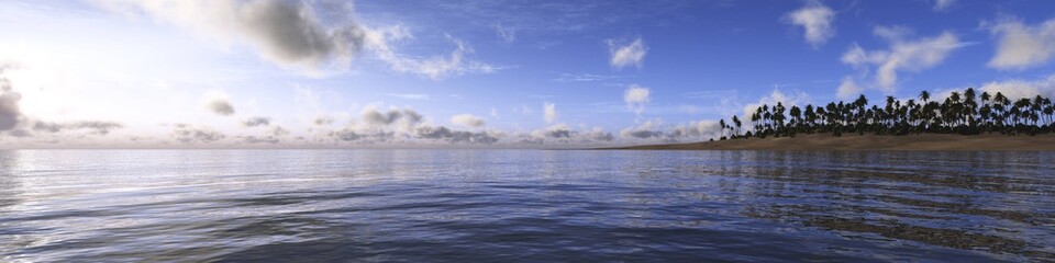 Tropical island in the ocean, sea view panorama with palm trees
