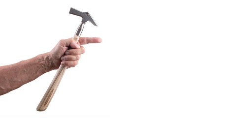Hand mit Hammer Zeigefinger Werbeaktion Isoliert Weiß