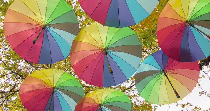 Rainbow umbrellas above the street in Paris, France