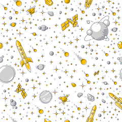 Space seamless background with rockets, planets and stars, undiscovered galaxy cosmic fantastic and interesting textile fabric for children, endless tiling pattern, vector illustration cartoon motif.