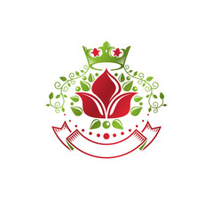 Retro vintage Insignia created with lily flower and imperial crown. Vector product quality idea design element, Fleur-De-Lis.