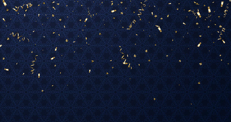 Blue festive ornate background with golden serpentine and confetti.