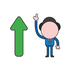 Vector illustration of businessman character with arrow pointing up. Color and black outlines.