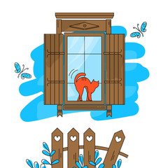 red cat looks out the window of a village house. Vector illustration of summer in the village. Hand-drawn butterflies fly over the fence. Isolated on white scene 