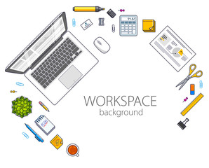Office employee or entrepreneur work desk workplace with PC computer and diverse stationery objects for work with copy space for text. All elements are easy to use separately. Vector.