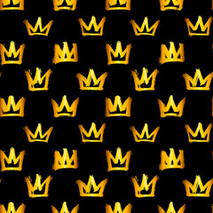 Seamless pattern with golden crowns isolated on black background. Rough brush painted shapes. Ink street-style abstract grunge illustration.