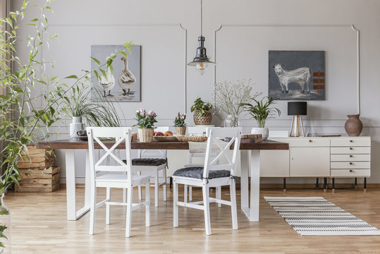 Real photo of a rustical dining room interior with a wooden table, chairs and plants