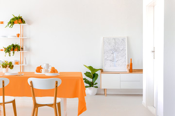 Plant next to cabinet with poster in white dining room interior with chairs at orange table. Real photo
