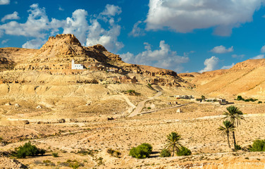 View of Doiret, a hilltop-located berber village in South Tunisia