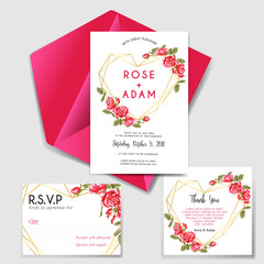 wedding invitation set with geometric love rose red