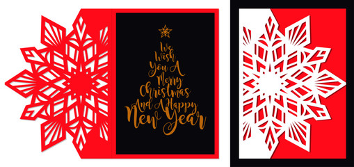 Laser cut template. Merry Christmas and Happy New Year fold envelope. Christmas lace invitation. Greeting laser cutting card with sharp snowflake ornament. Paper cutout vector illustration.