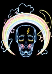 Day of death. Illustration of a fluorescent skull with a rainbow frame, stars, clouds and a moon