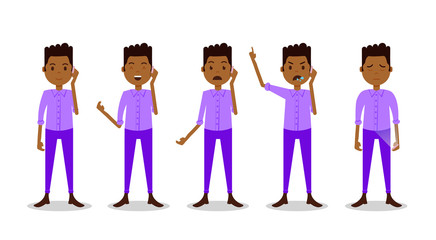 set african teen boy character different poses and emotions phone call male violet suit template for design work and animation on white background full length flat person, vector illustration