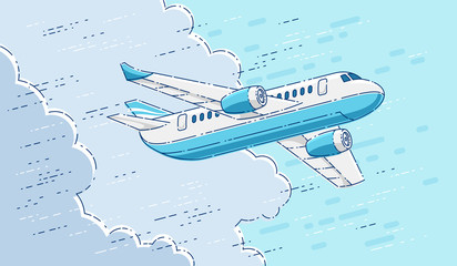 Fototapeta premium Plane passenger airliner flying in the sky surrounded by clouds, beautiful thin line 3d vector illustration.
