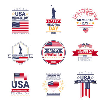 set memorial day USA greeting card wallpaper, The Statue of Liberty american national flag on white background, template, flat design, vector illustration