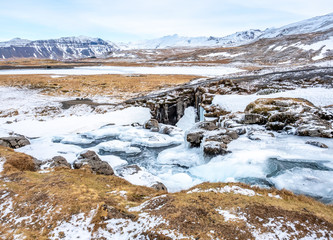 Kirkjufellfoss waterfall in winter, Iceland