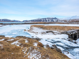 Kirkjufellfoss waterfall in winter, Iceland