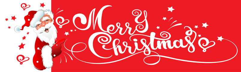 Merry Christmas, calligraphy text on red background, Santa Claus. Suitable for all Christmas and New Year holidays, vector illustrations.