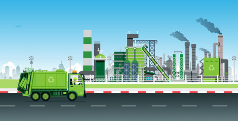Garbage Truck recycles waste into electric power in factories. - obrazy, fototapety, plakaty