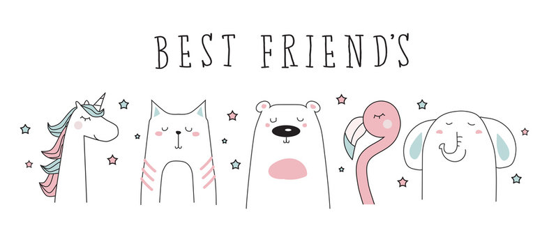 unicorn, cat, bear, flamingo, elephant doodle best friends vector illustration