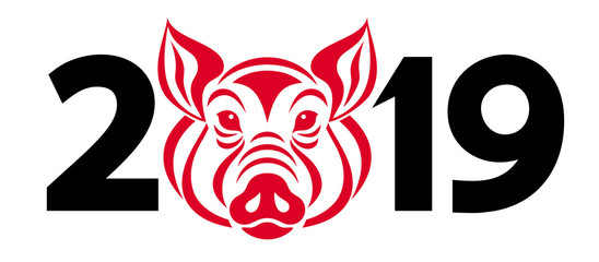 Vector stylized red pig face with 2019 numbers new year greeting card template 