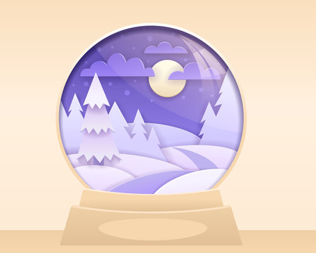 Vector snow globe cut out paper illustration Christmas greeting card with beautiful winter landscape naight sky with moon and clouds